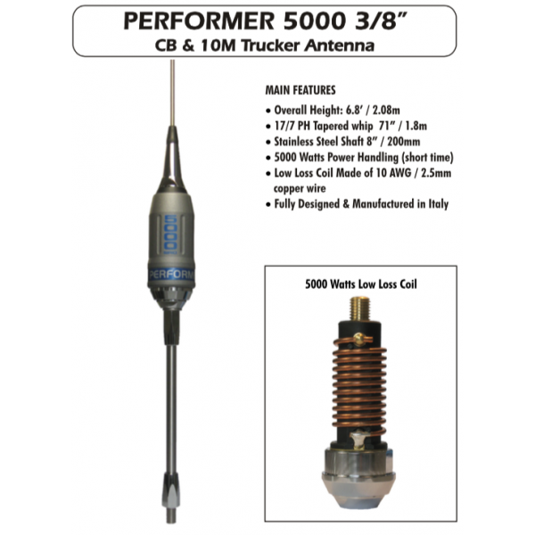 (image for) Sirio Performer 5000 3/8 10m & CB 5000 Watts Mobile Trucker Antenna - Click Image to Close